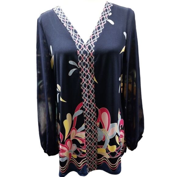 JM Collection Border Print Split Neckline Long Sheer Sleeves Medium - Picture 1 of 8